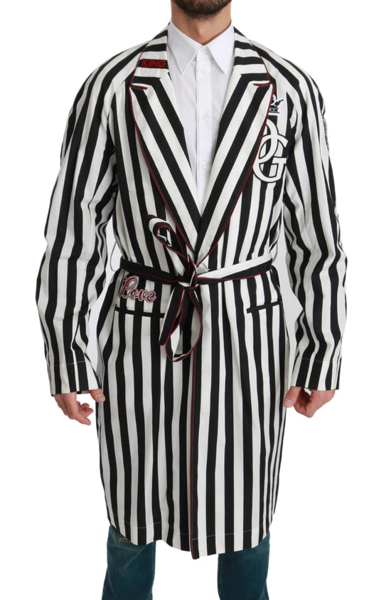 Dolce & Gabbana Black White Stripe Logo Belted Robe