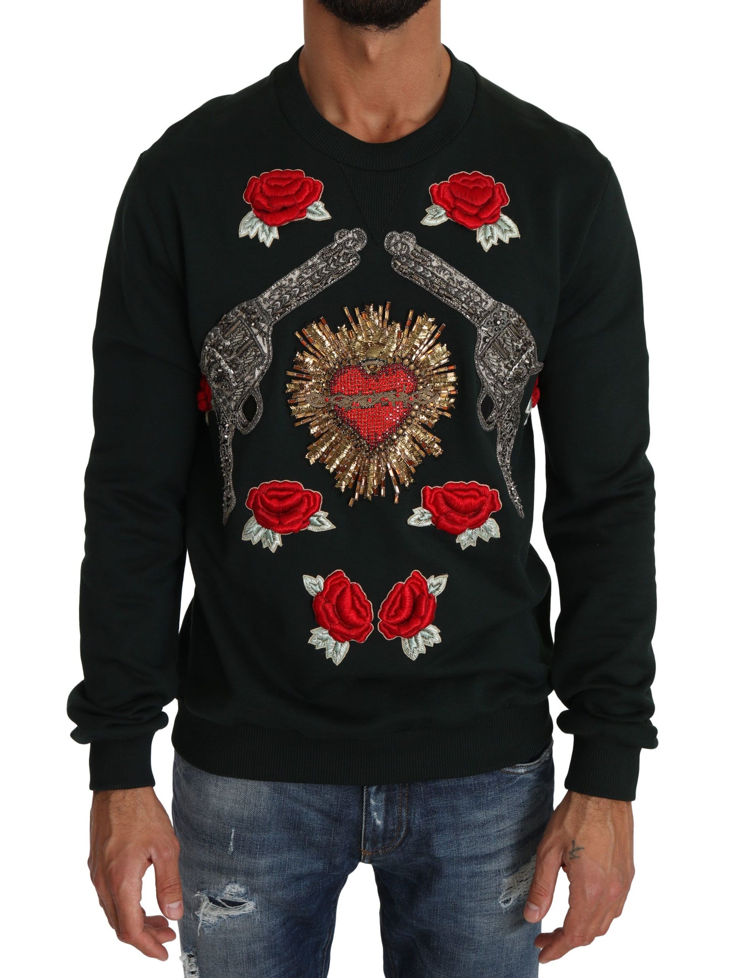 Dolce & Gabbana Dark Green Crystal Heart Roses Gun Sweater