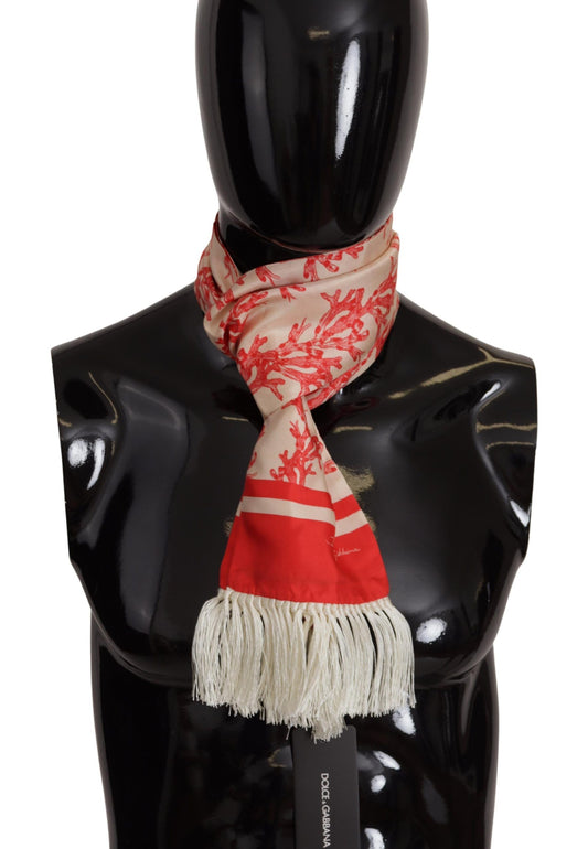 Dolce & Gabbana White Red Coral Print Shawl Wrap Fringe Scarf