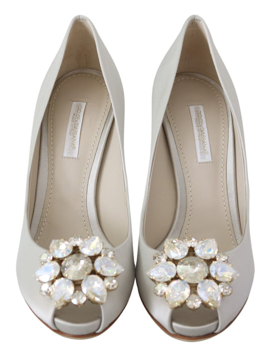 Dolce & Gabbana White Crystals Peep Toe Satin Pumps Heels Shoes