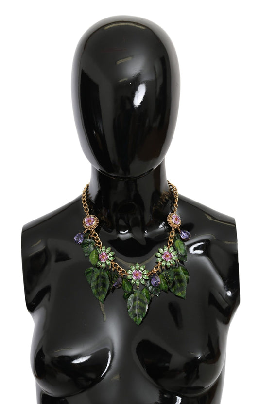 Dolce & Gabbana Green Leaves Gold Brass Crystal Flower Pendant Necklace