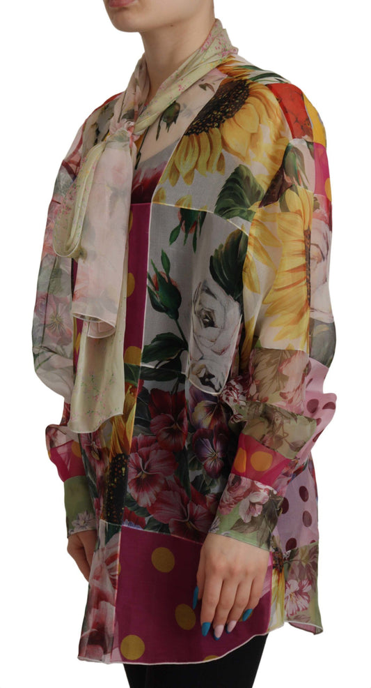 Dolce & Gabbana Multicolor Ascot Collar Patchwork Silk Blouse