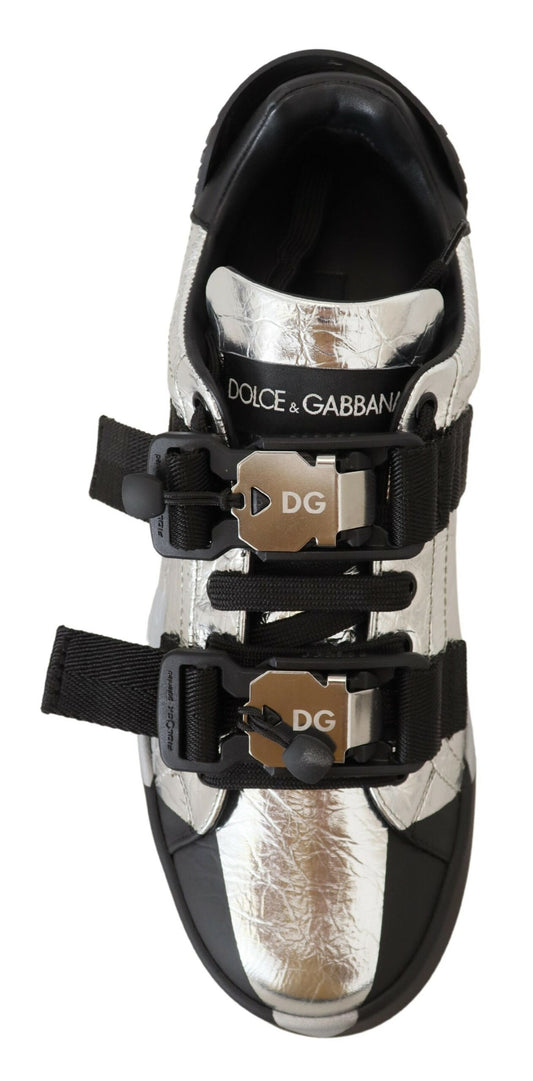 Dolce & Gabbana Black Silver Leather Logo Buckle Sneakers
