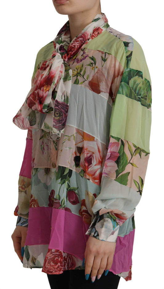Dolce & Gabbana Multicolor Floral Patchwork Design Ascot Collar Silk Blouse
