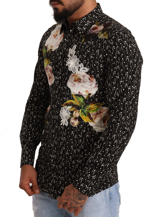 Dolce & Gabbana GOLD Black Floral Brocade Slim Fit Button Shirt