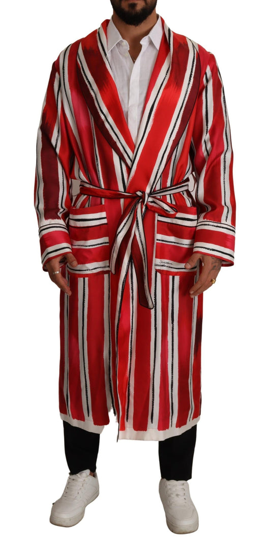 Dolce & Gabbana Red White Striped Silk Mens Sleepwear Robe