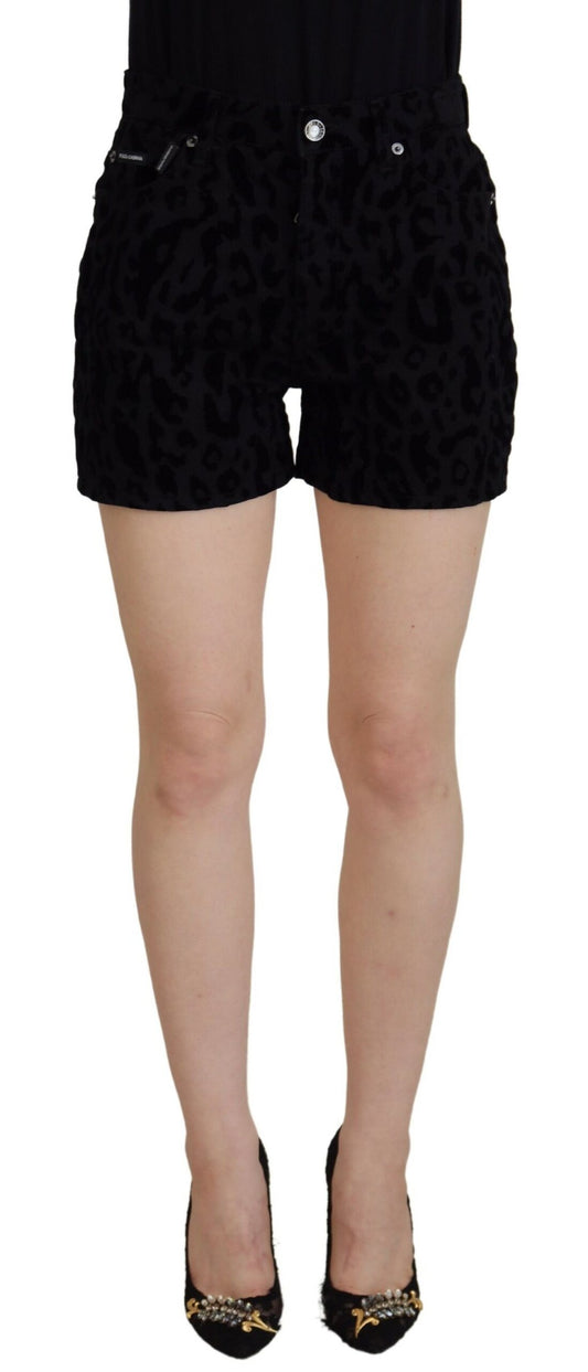 Dolce & Gabbana Black Leopard Denim Stretch Shorts