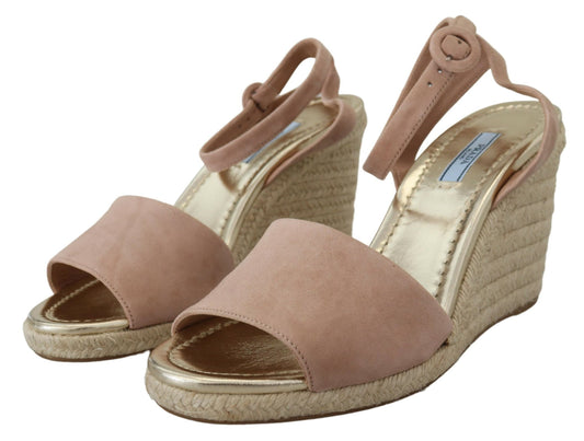 Prada Pink Suede Leather Ankle Strap Wedge Heel Sandals