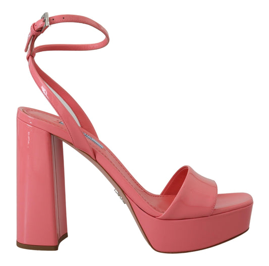 Prada Pink Patent Ankle Strap Platform Block Heels Sandals