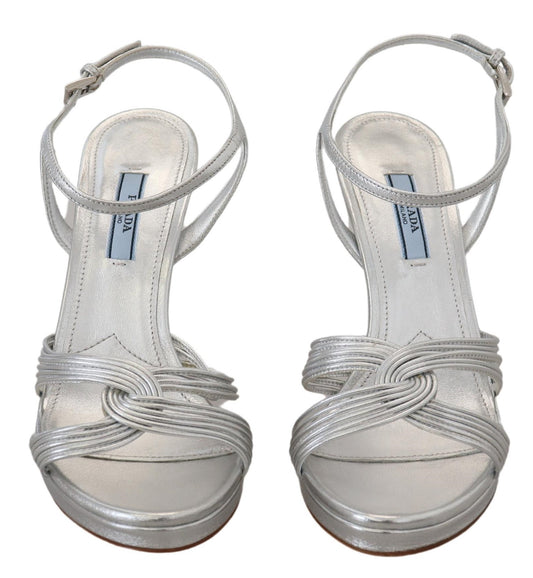 Prada Silver Leather Ankle Strap Stiletto Heels Sandals