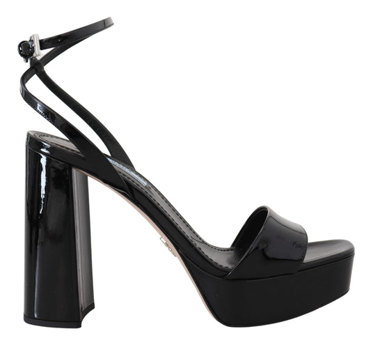 Prada Black Patent Leather Ankle Strap Platform Block Heels Sandals
