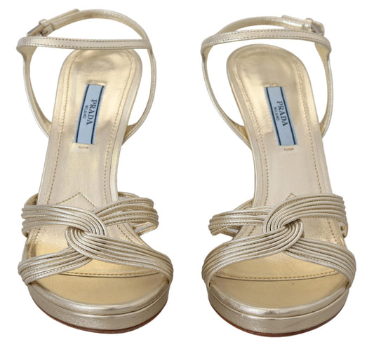 Prada Gold Leather Ankle Strap Stiletto Heels Sandals