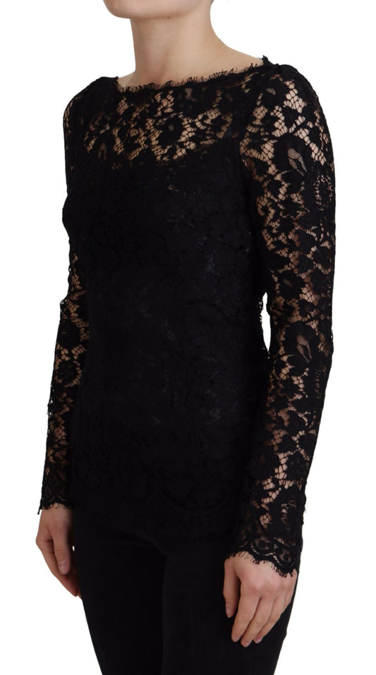 Dolce & Gabbana Black Cotton Lace Trim Long Sleeves Top
