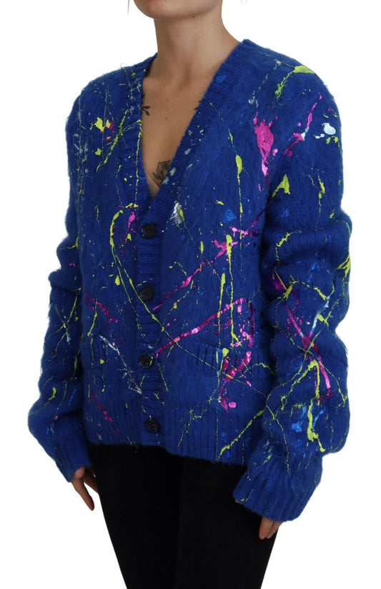 Dolce & Gabbana Blue Color Splash Mohair Cardigan  Sweater