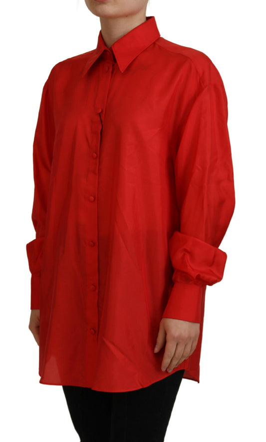 Dolce & Gabbana Red Silk Collared Long Sleeves Dress Shirt Top