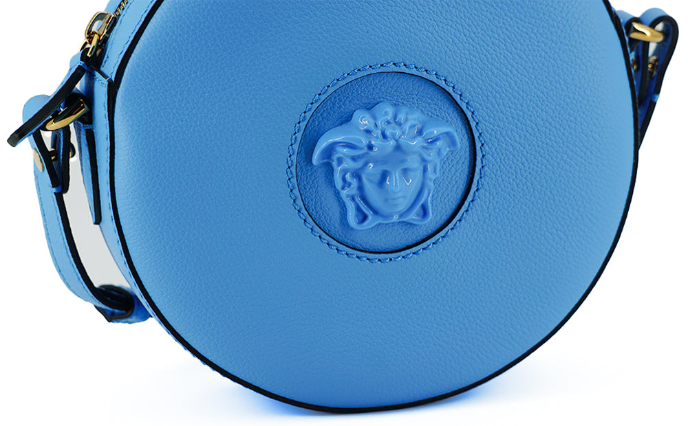 Versace Blue Calf Leather Round Disco Crossbody Shoulder Bag