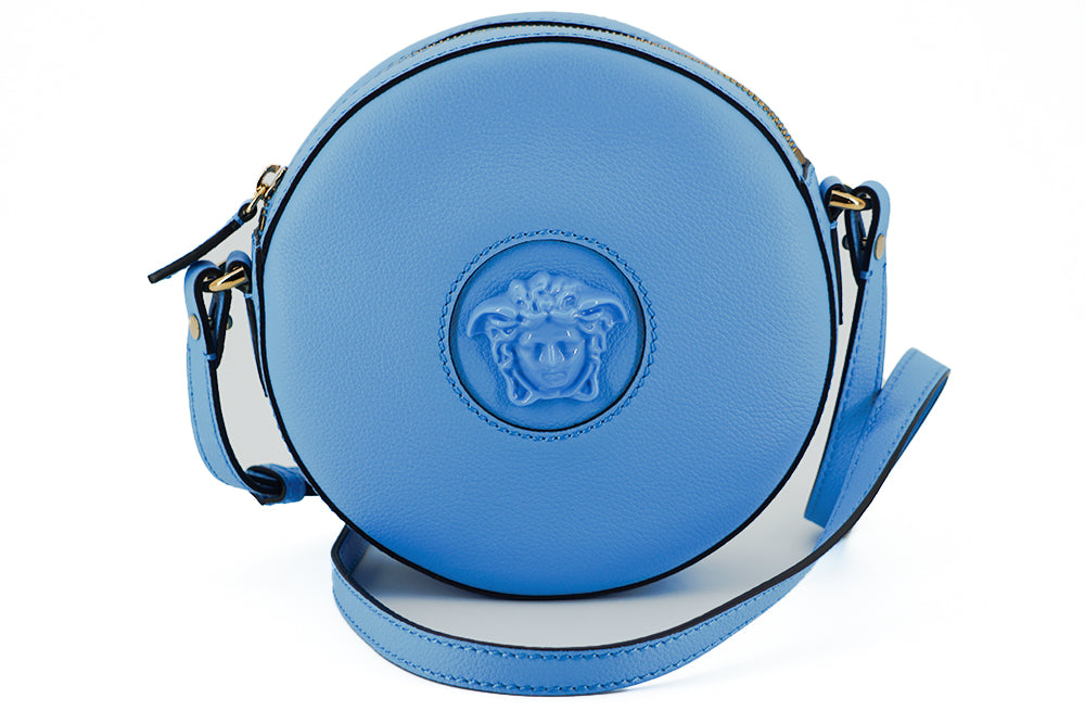 Versace Blue Calf Leather Round Disco Crossbody Shoulder Bag