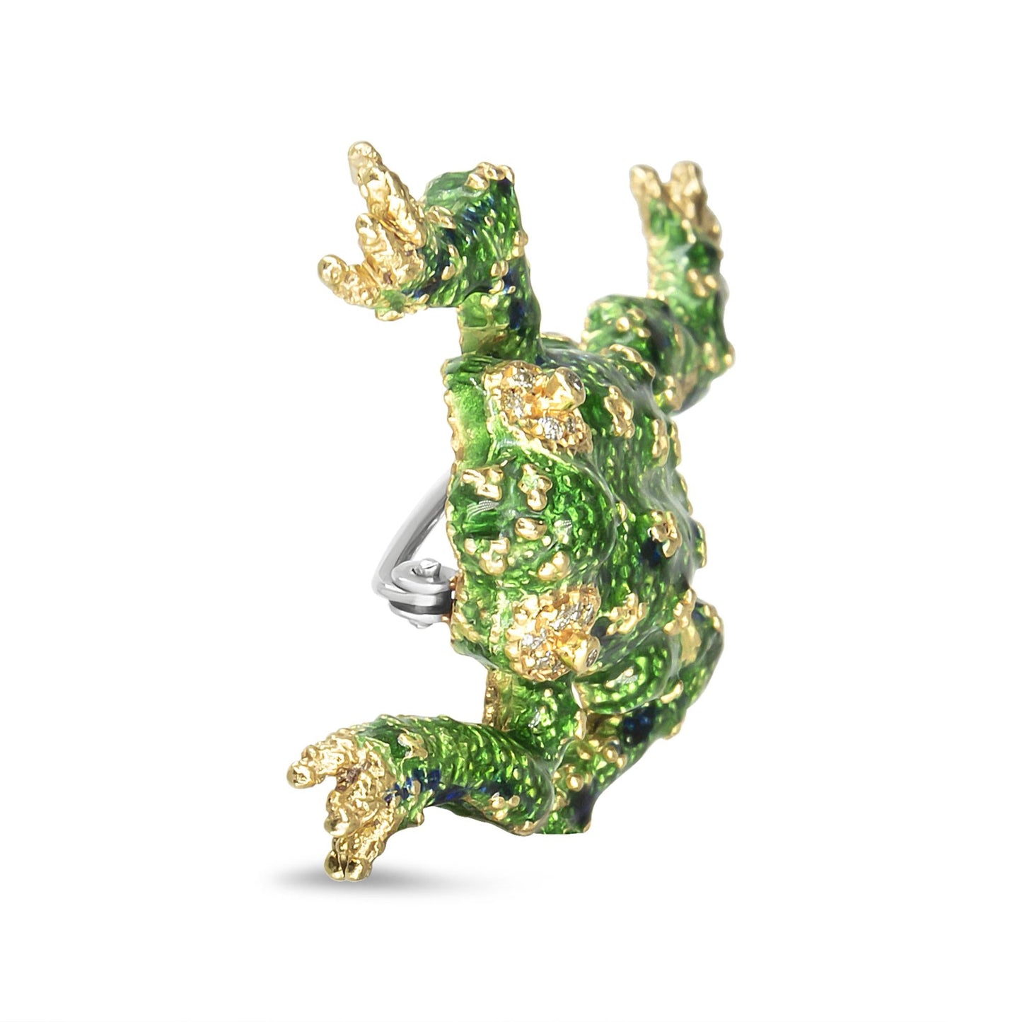 18K Yellow Gold Diamond Green Frog Enamel Brooch Pin