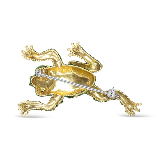 18K Yellow Gold Diamond Green Frog Enamel Brooch Pin