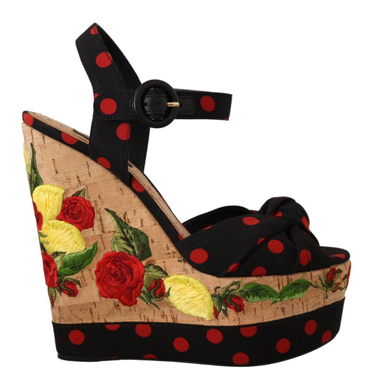 Dolce & Gabbana Black Red Multicolor Floral Charmeuse Platform Wedge Sandals